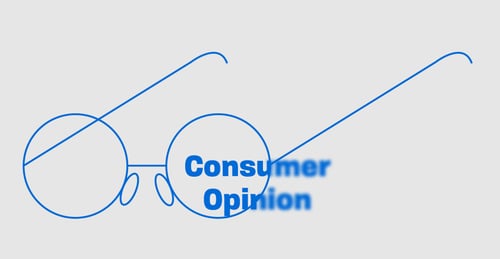 A graphic depicting a pair of glasses with the words "consumer opinion" half in focus and half blurred.