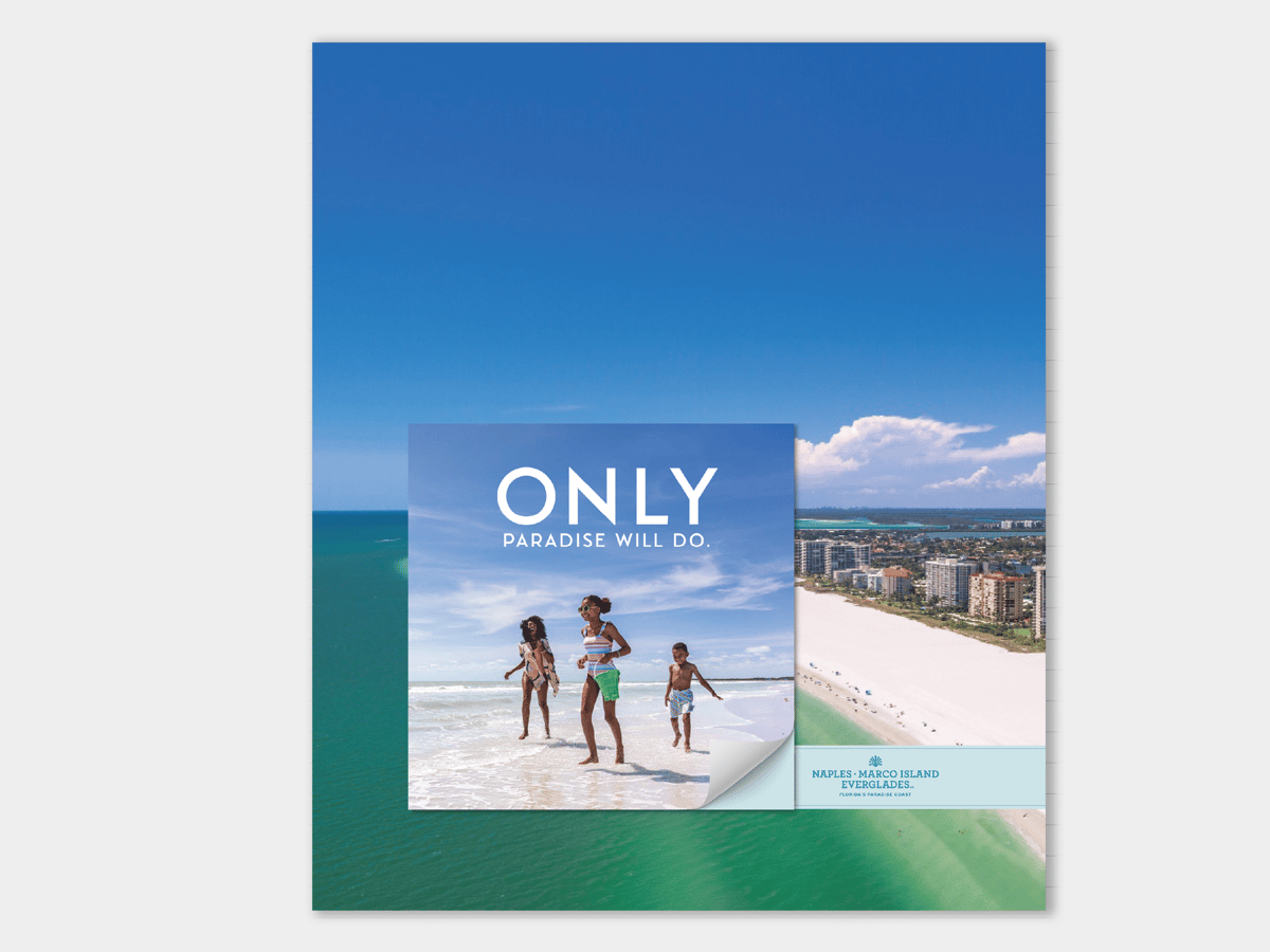 Thumbnail depicting a mock up of the Florida's Paradise Coast ad with a tipped on-page mini-booklet. The booklet's headline reads "Only Paradise Will Do" and depicts a family enjoying the beach.