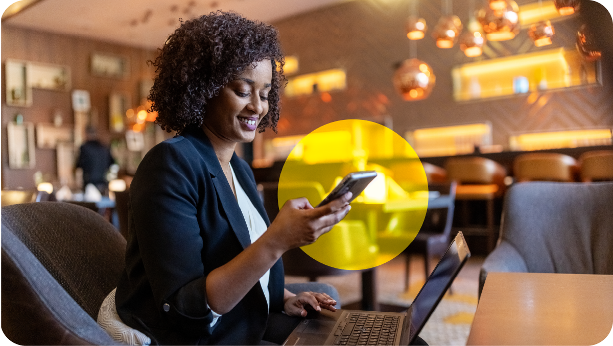 DCipher Intent Targeting Spotlight image of a black woman on her phone, highlighted in a yellow bubble.