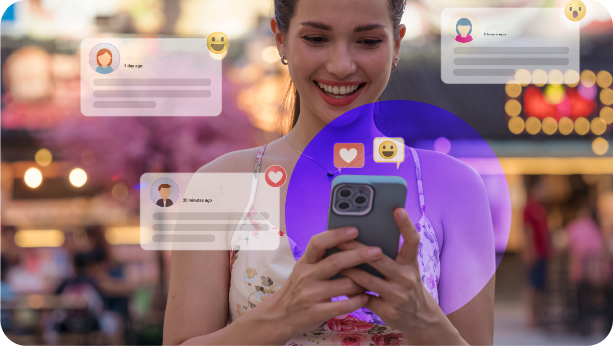 A young woman views social media posts on her smartphone. A purple circle spotlights the device.